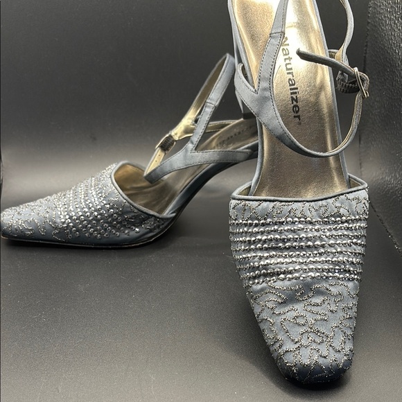 Naturalizer Grayzish Blue Heels with Ankle Straps and Woven Texture - Picture 2 of 5